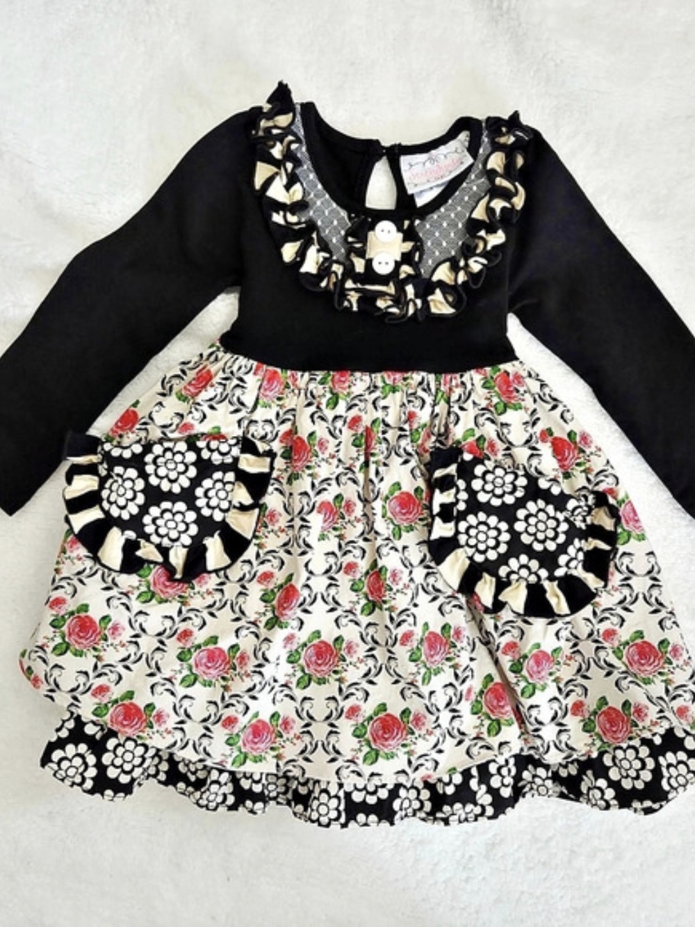 Serendipity Clothing Co. Black French Floral & Cream Stripe 3-Piece Ruffle Set